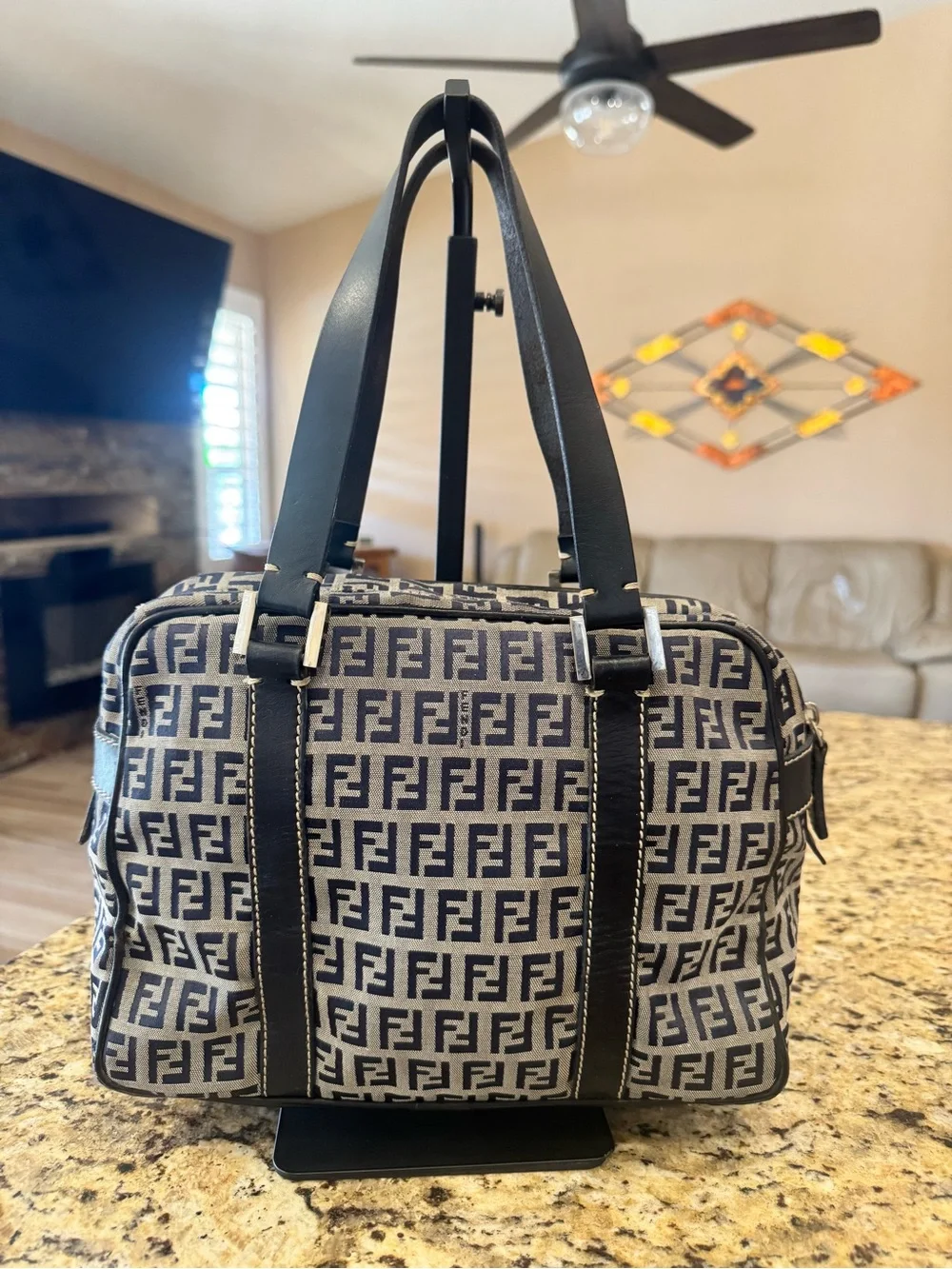 Fendi Blue/black FF Logo Canvas Boston bag